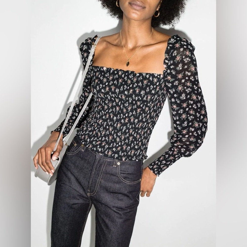 Reformation Pinto Shirred Floral Print Blouse In Jolene Black Size S